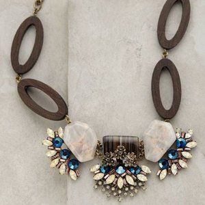 Anthropologie Wood and Crystal Bib Necklace